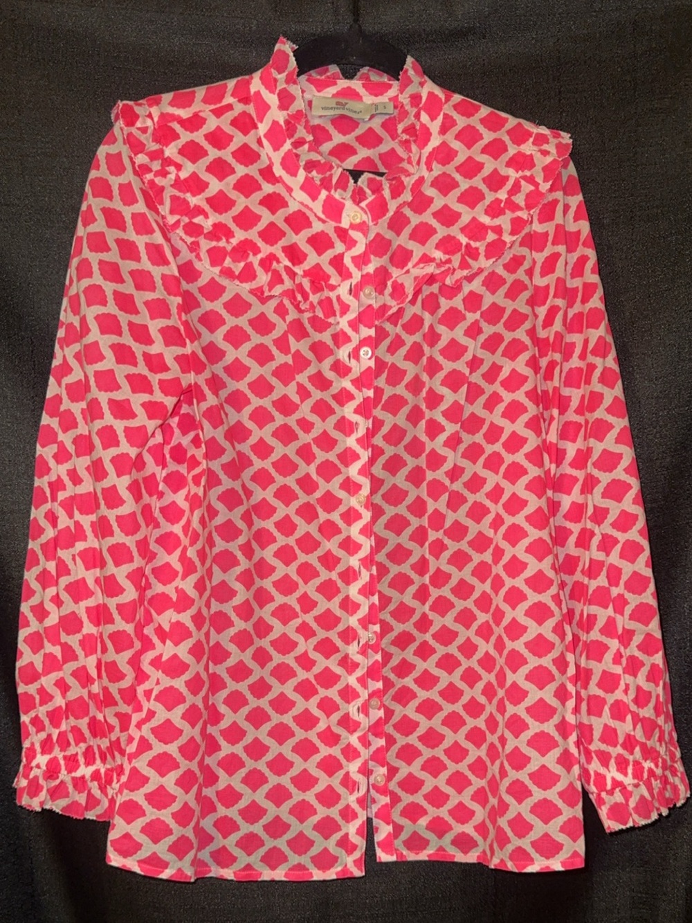 Vineyard Vines Pink and White Ruffle Yoke Button-Up Blouse
